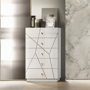 English Elm Ultra Modern white and silver 6-drawer dresser with embossed lines, smooth metal glides, luxe knobs Glossy White 35 L x 22 W x 56 H B2741P408970