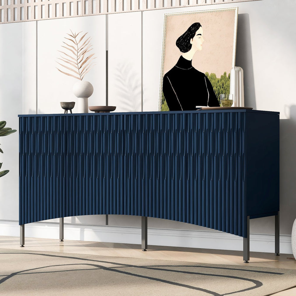 English Elm U_Style Curved Four-Door Sideboard with Arched Groove Design, MDF Construction, Metal Legs, 65" L Navy Blue N711P192404V