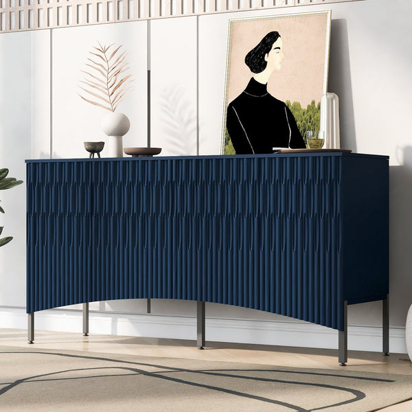 English Elm U_Style Curved Four-Door Sideboard with Arched Groove Design, MDF Construction, Metal Legs, 65" L Navy Blue N711P192404V