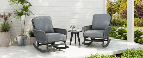 English Elm Christopher Knight Home® - Modern 3-Piece Outdoor Seating Set with Cushioned PE Rattan Rocking Chairs and Wood Accent Table, Chic Patio Retreat Gray N767P229004G002_63163.00DGRY