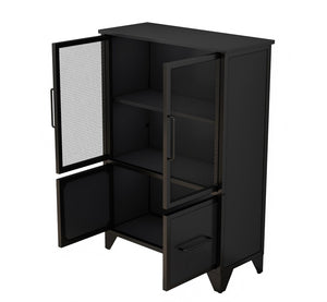 English Elm Storage Cabinet Matte Iron Four Door Sideboard with Adjustable Shelf for Modern Interiors Black W3151P407882
