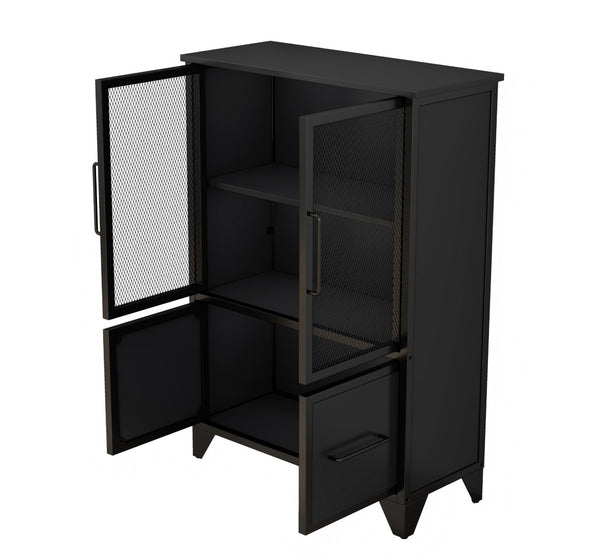 English Elm Storage Cabinet Matte Iron Four Door Sideboard with Adjustable Shelf for Modern Interiors Black W3151P407882