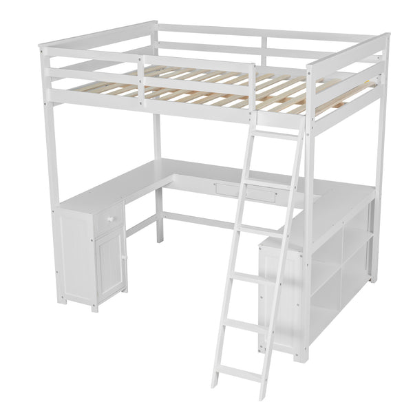 English Elm Full Loft Bed with U-Shaped Workstation, Built-In Drawers, Shelves & Cabinet for Space Saving White GX001039AAK