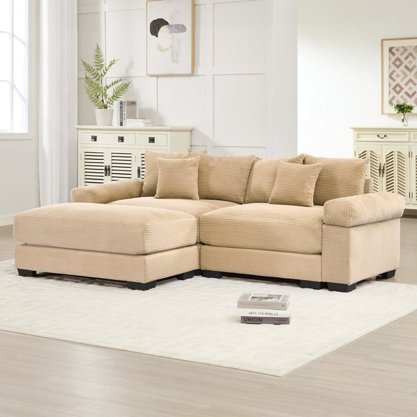English Elm 92" Oversized Modular L-Shape Sectional Couch In Soft Camel Corduroy With Ottoman & 6 Pillows W714S01306