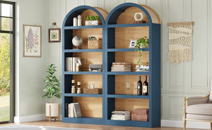 English Elm On-trend Farmhouse Two-tone Bookcase Set Arched Fabric Crown Open 5-tier Shelving Blue N721P411205C