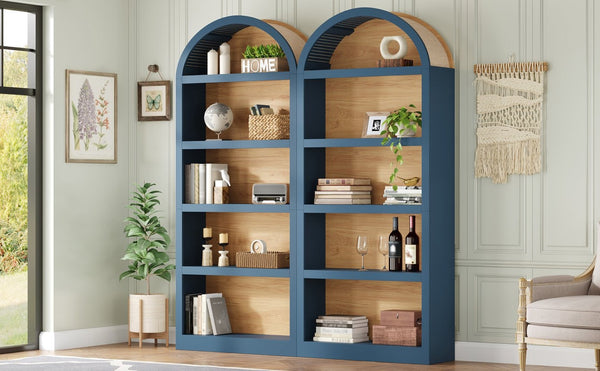 English Elm On-trend Farmhouse Two-tone Bookcase Set Arched Fabric Crown Open 5-tier Shelving Blue N721P411205C