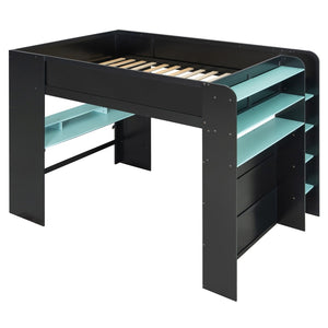 English Elm Full Size Gaming Bunk Bed with Rgb Lighting Integrated Desk Wardrobe and Storage Blue LT100266AAC