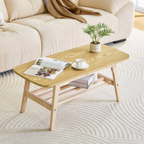 English Elm 39 Inch Solid Wood Coffee Table with Dual Open Shelves for Living Room Storage W2920P407664