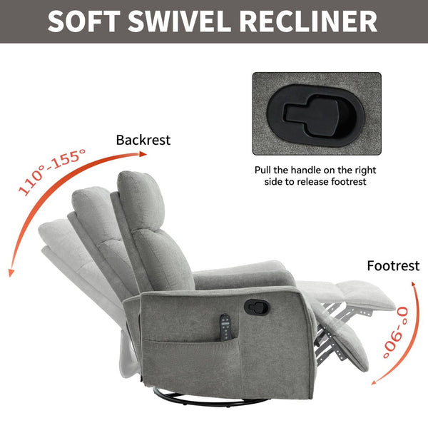 English Elm Heat Massage Rocker Swivel Recliner Fabric Chair with Lumbar Therapy for Living Room Grey W1803P362293