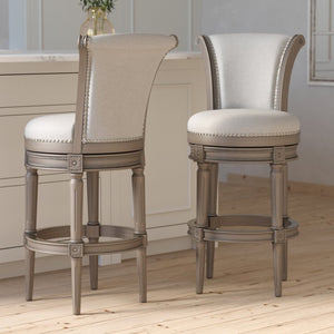 English Elm 26in. Wood High-back Swivel Barstool Farmhouse Style Nailhead Upholstered Kitchen Seat Gray B2751P436431