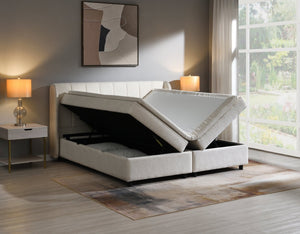 English Elm Adonia Queen Storage Bed Beige Chenille Upholstered Padded Headboard Footboard B2756S00010