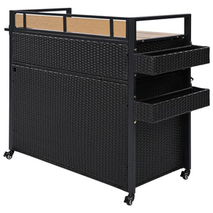 English Elm K&K Wicker Outdoor Grill Cart with Foldable Drop Leaf, Locking Wheels, Wine Rack & Ample Storage Black Brown N707P233747B