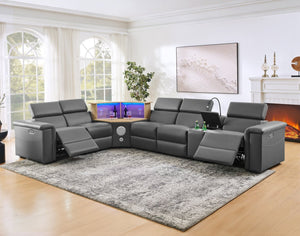 English Elm 5-seater Air Leather Power Reclining Sectional with Led Bluetooth Subwoofer and Lift Cabinet Dark Grey W1191S00125