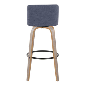 English Elm Toriano 30" Contemporary Barstool Set of 2 — Swivel Padded Blue Fabric, Bent Wood Legs & Footrest B202S00657
