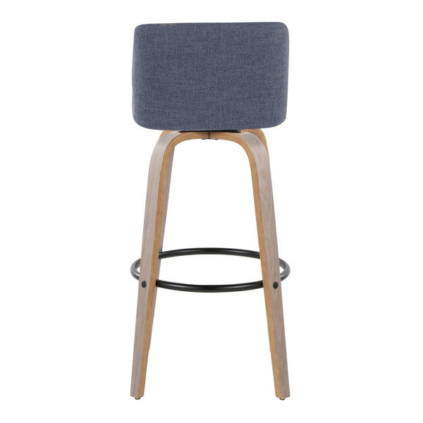 English Elm Toriano 30" Contemporary Barstool Set of 2 — Swivel Padded Blue Fabric, Bent Wood Legs & Footrest B202S00657