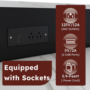 English Elm 80-inch Expandable Kitchen Island with Charging Station, Solid Wood-Grain Top, Mobile Storage Cart Black W2700S00075