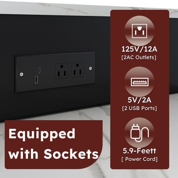 English Elm 80-inch Expandable Kitchen Island with Charging Station, Solid Wood-Grain Top, Mobile Storage Cart Black W2700S00075