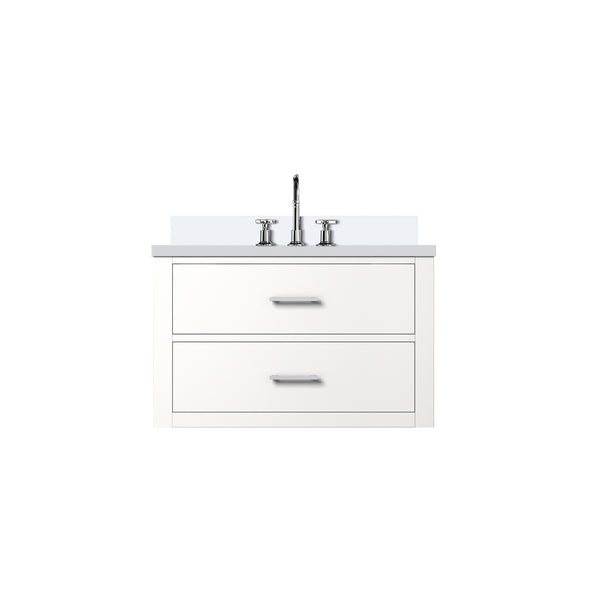 English Elm White 30 in Single Bath Vanity with White Quartz Top, Chrome Gooseneck Faucet, Soft-Close Drawers, Solid Wood Frame B2731P257945
