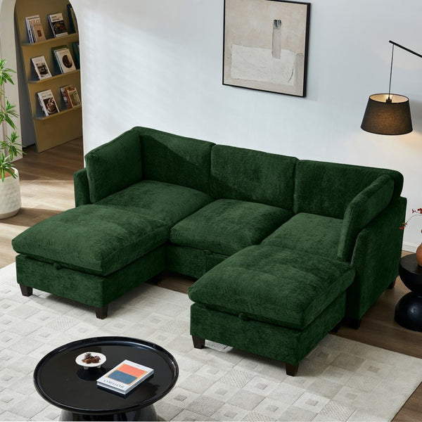 English Elm 96.5" L-shaped Chenille Sectional with Storage Ottoman Eucalyptus Frame Living Room Green W1097S00287