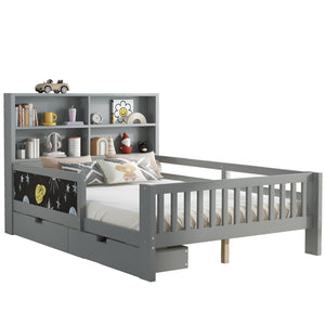 English Elm Full Solid Wood Platform Bed with Chalkboard Headboard, Storage Drawers & Shelves, Kid-Friendly White Gray W1580P362710