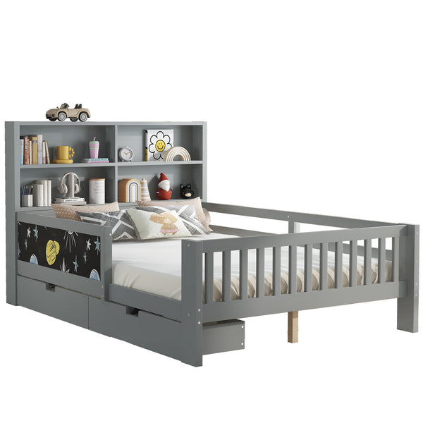 English Elm Full Solid Wood Platform Bed with Chalkboard Headboard, Storage Drawers & Shelves, Kid-Friendly White Gray W1580P362710