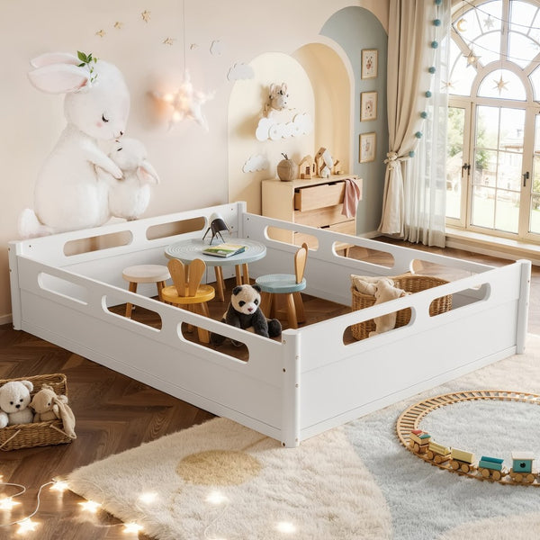 English Elm Queen Low Profile Floor Bed Pine Wood Frame Japandi Minimalist Bedroom Design White W1580P438794