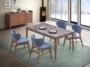 English Elm Bevis Modern 5-Piece Walnut Dining Set with Gray Marble-Look Top and Plush Upholstered Side Chairs Blue,Dark Gray,Walnut 68 L x 40 W x 6 H B2726S00554