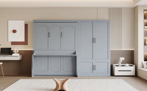 English Elm Queen Murphy Bed with Wardrobe Cabinet Hydraulic Lift Mdf Space Saving Wall Unit Gray LP000581AAE
