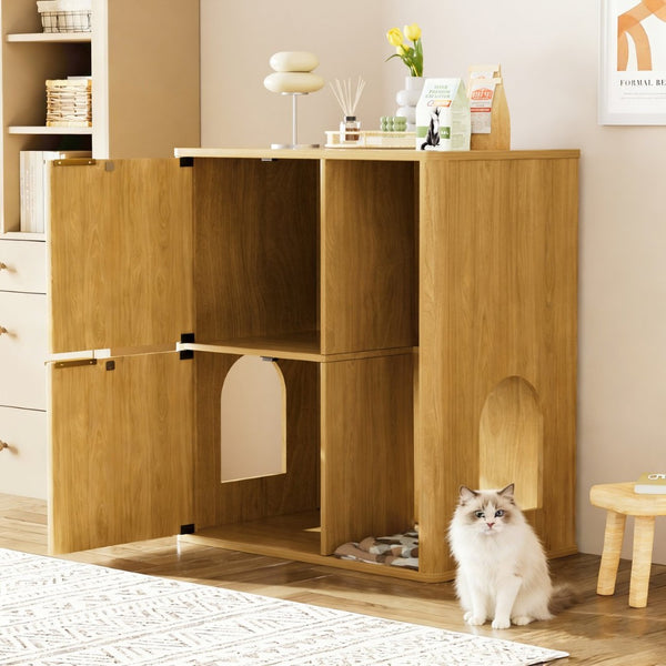 English Elm 31.5-inch Grooved Wood Cat Litter Cabinet with Integrated Tree Mid-century Pet Furniture Natural W1162P407685