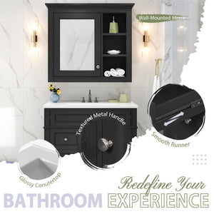 English Elm 30'' Modern Bathroom Vanity with Integrated Mirror Cabinet, Ceramic Sink, 3 Drawers & Ample Storage Black SW000126AAB-1