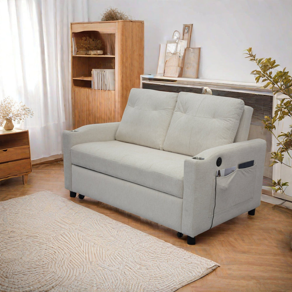 English Elm 1 Versatile Foldable Sofa Bed in Beige Velvet – 3-Length Convertible Pull-Out with USB, Storage, Swivel Phone Stand and Ashtray W1183S00014