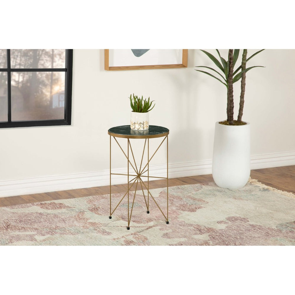 English Elm Sidney Green Marble Round Side Table with Geometric Iron Base for Living Room Decor B062P441131