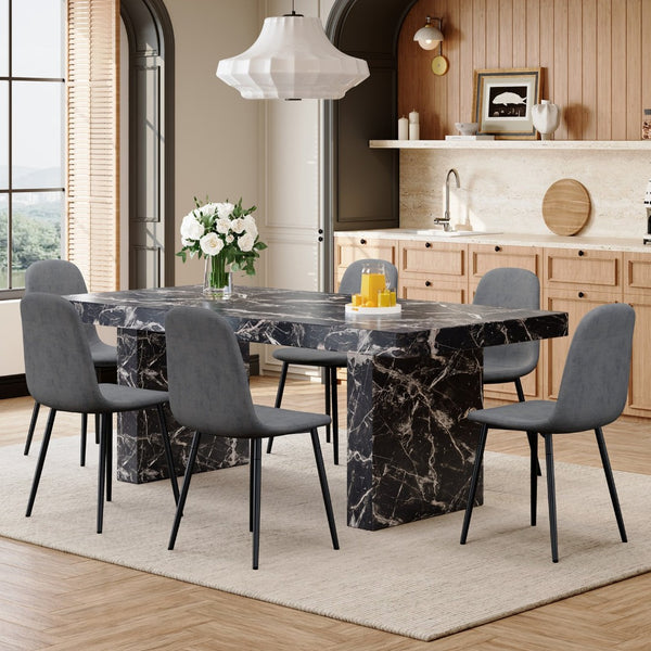 English Elm Table and Chair Set 7 Piece Marble Pattern Mdf Top with Linen Dining Seats Black,Dark Gray W1151S03917