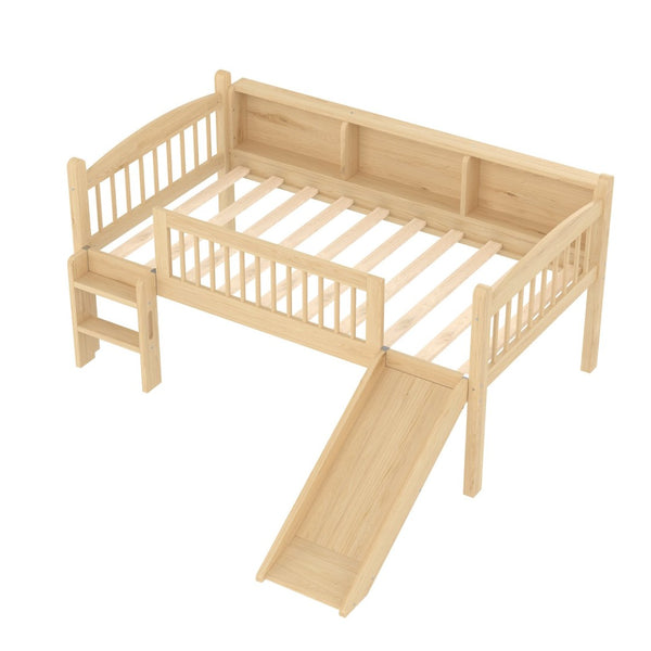 English Elm Twin Low Loft Bed Solid Pine Frame with Built-in Led Lighting and Storage Shelves Natural W1580P395930