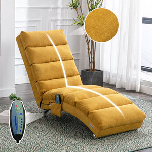 English Elm Linen Ergonomic Massage Chaise Lounge with Remote Control, 140° Recline, Heavy-Duty Frame, 5 Modes Mustard W39539621