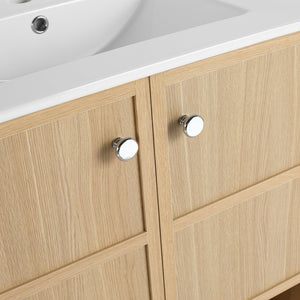 English Elm 30" Freestanding modern oak bathroom vanity with integrated basin, soft-close doors & open shelf storage, plywood construction W1972P268403