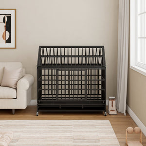 English Elm 48 Inch Pointed Roof Metal Dog Crate Folding Steel Kennel with Wheels and Slide Trays W347P431440