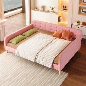 English Elm Queen Upholstered Daybed with Tufted High Sideboard, Linen Finish, Solid Wood Frame, 800lb Capacity Pink N7500001850H