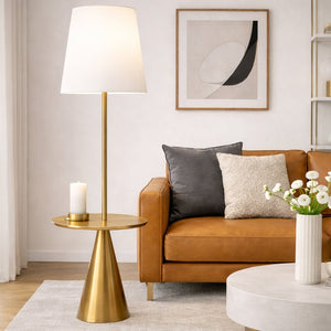 English Elm Celestial Brass Accent Table Floor Lamp with Wide White Shade for Living Rooms B183P231750