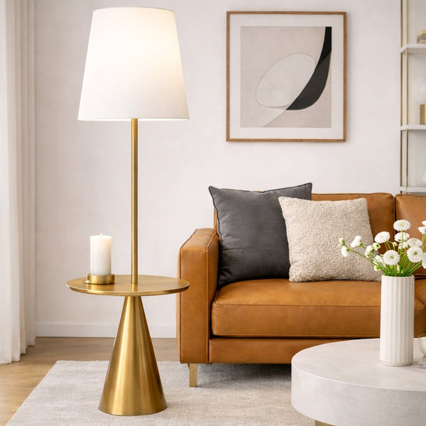 English Elm Celestial Brass Accent Table Floor Lamp with Wide White Shade for Living Rooms B183P231750