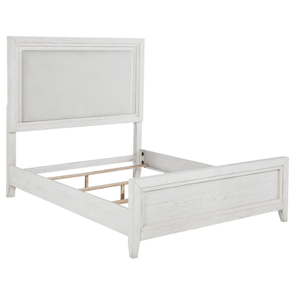 English Elm Inverness Distressed White Queen Bed with Padded Upholstered Headboard, Cottage Farmhouse Charm and Cozy Design B062S01343