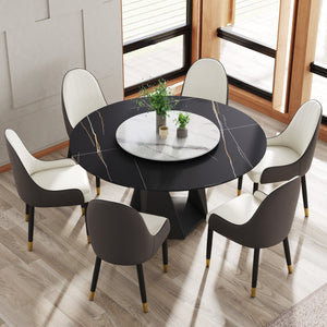 English Elm 59.05" Round Marble Dining Table With Lazy Susan, Black Iron Base For 6-8 People, Elegant Centerpiece W1535S00405