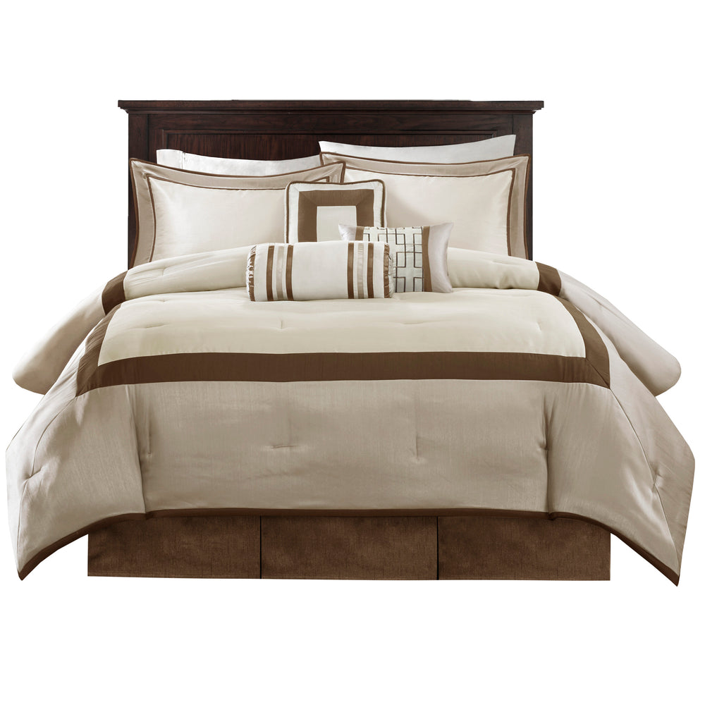 English Elm 7 Piece Comforter Set - Elegant Taupe And Brown California King Ensemble With Decorative Pillows B03597134