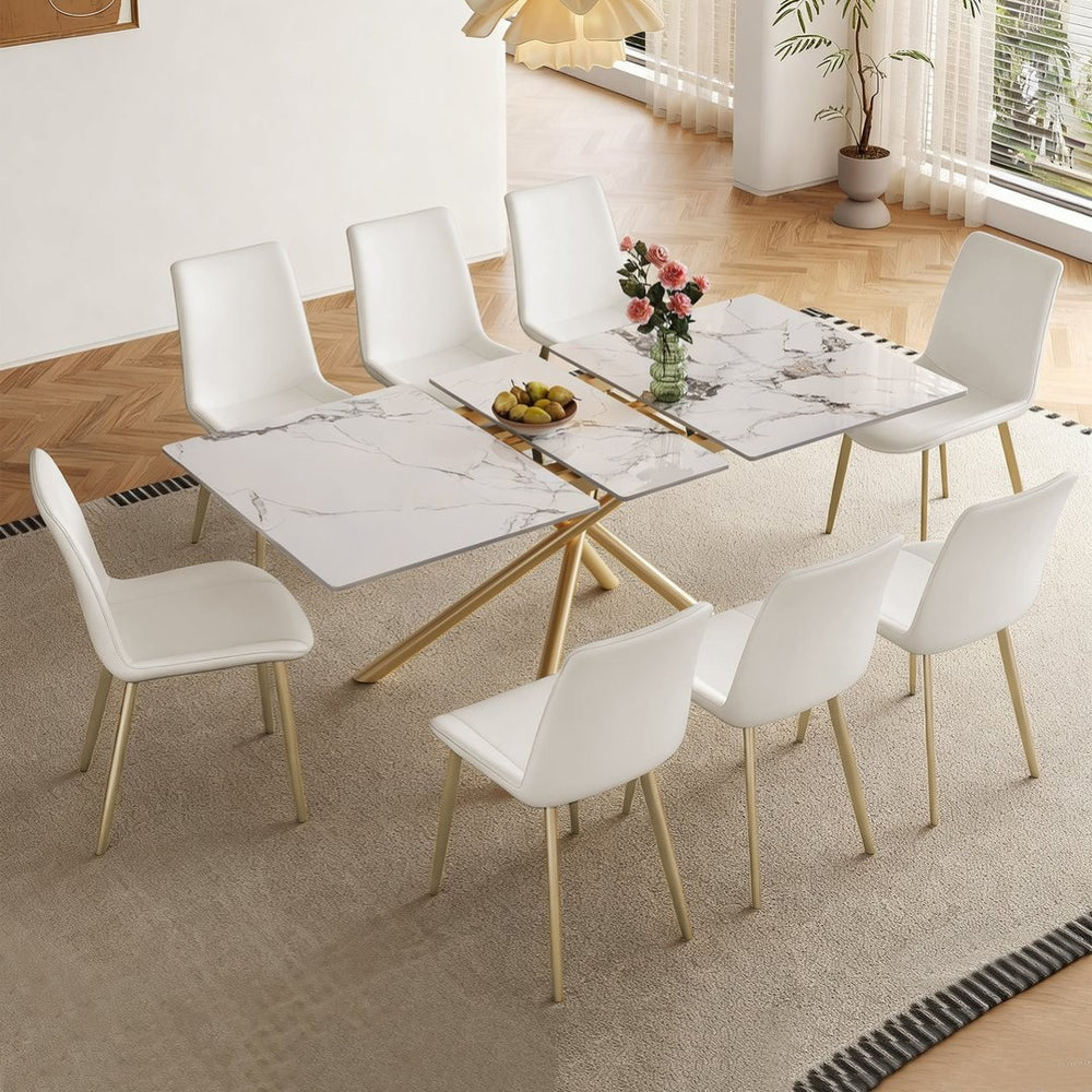 English Elm 59-inch Expandable Glass Top Dining Set Seats 8 with Upholstered Chairs X-base W2700S00091