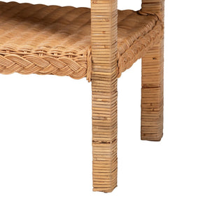 English Elm Bohemian Hand-braided Rattan Side Table with Open Shelf for Warm Organic Interiors B2750P467754