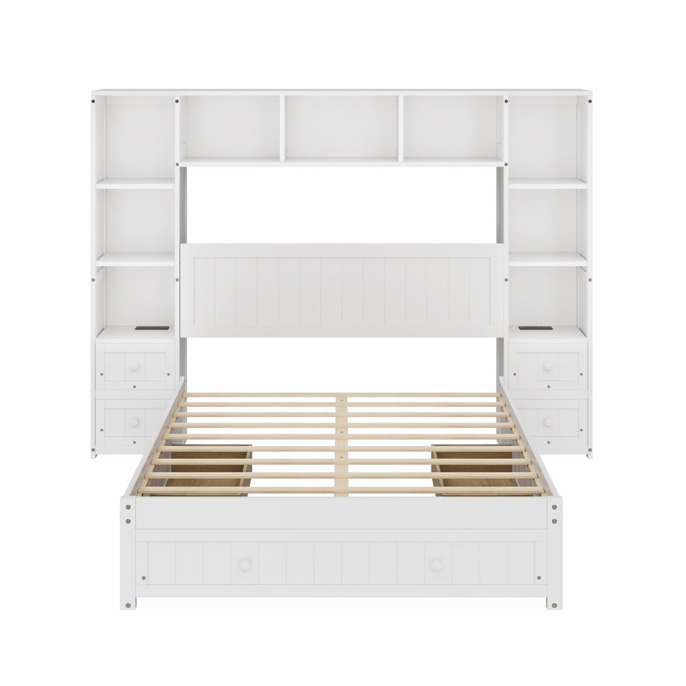 English Elm Full Full Size Pine Platform Bed with 3 Drawers, Built-In Cabinets, 2 Charging Stations & Storage Shelf Frame BS701P286280K