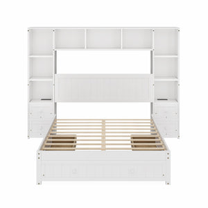 English Elm Full Full Size Pine Platform Bed with 3 Drawers, Built-In Cabinets, 2 Charging Stations & Storage Shelf Frame BS701P286280K
