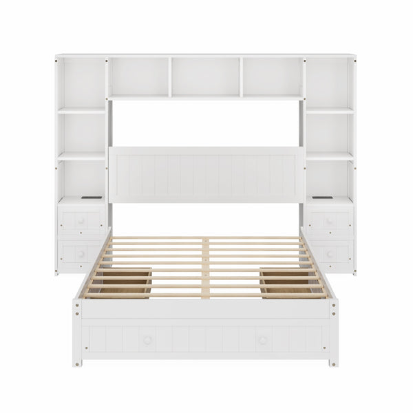 English Elm Full Full Size Pine Platform Bed with 3 Drawers, Built-In Cabinets, 2 Charging Stations & Storage Shelf Frame BS701P286280K