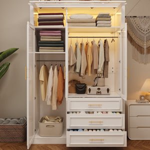 English Elm 3 Door Wardrobe Armoire Closet with LED Lighting, 4-Door Style, 3 Drawers, White Gold Accents, Spacious Storage N7090001843K