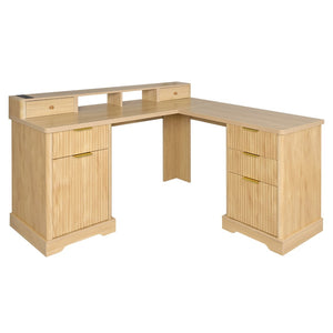 English Elm 59" Fluted Oak L-shaped Corner Desk with Charging Station Monitor Stand and File Storage Light Oak W2917S00005